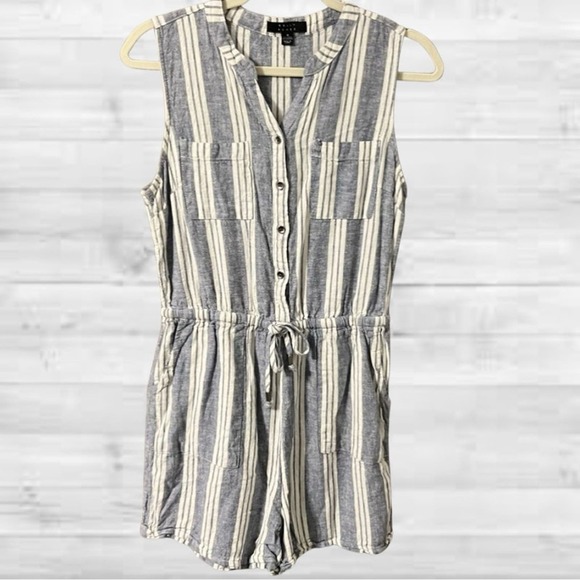 Kelly Renee Pants - Boho Chic Boutique Women’s Summer Linen Romper, Medium, Beach Striped Pockets